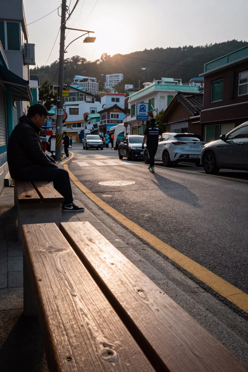Early Morning Busan Street Scene with Sunlight and Local Market Activity in in Busan, South Korea