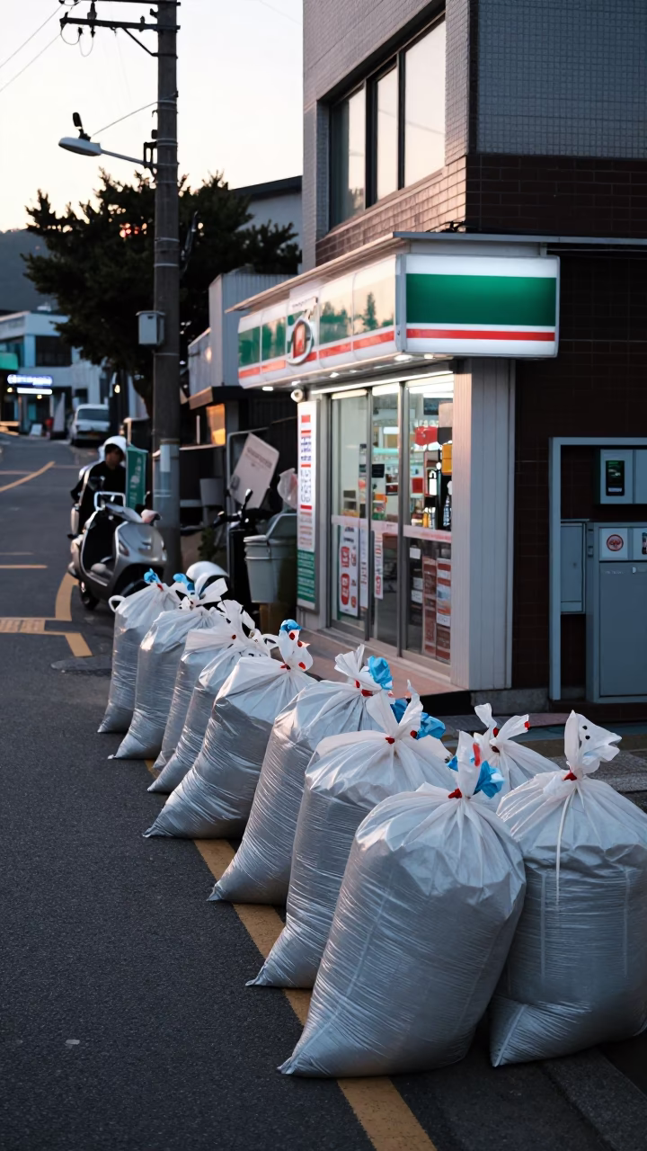 Early Morning Busan Street Scene with Trash Bags and Convenience Store Glow in in Busan, South Korea
