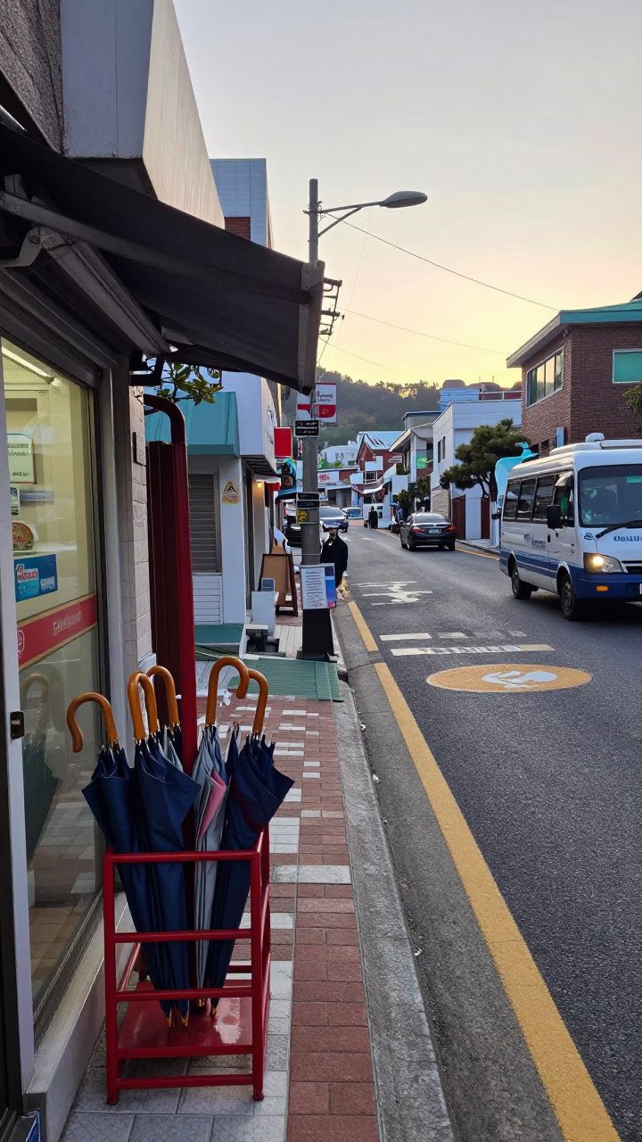 Early Morning Busan Street Scene with Umbrella Stand and Local Morning Routine in in Busan, South Korea