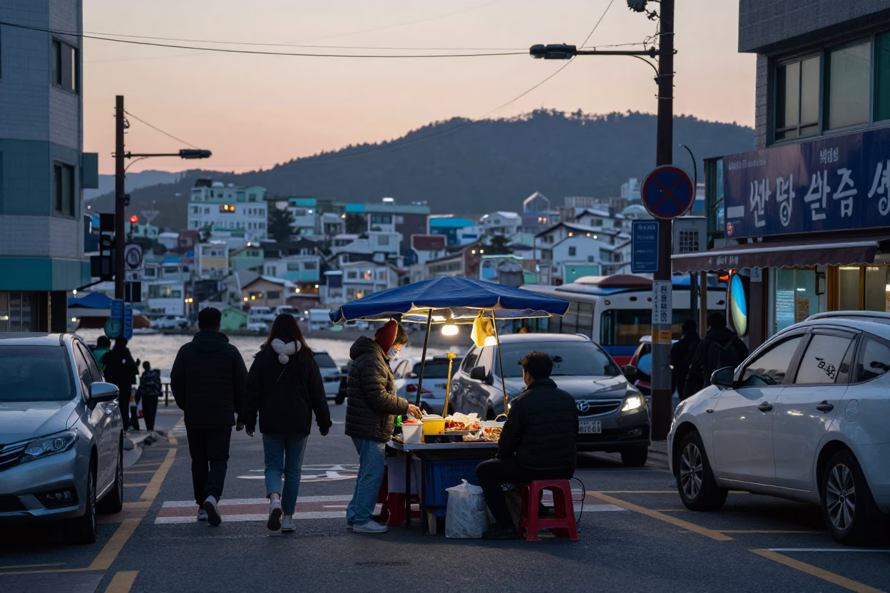 Early Morning Busan Street Scene with Vendor and Morning Mist in in Busan, South Korea