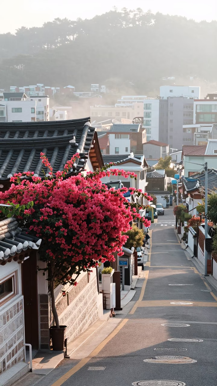 Early Morning Busan Street Scene with Vibrant Bougainvillea and Local Market Activity in in Busan, South Korea