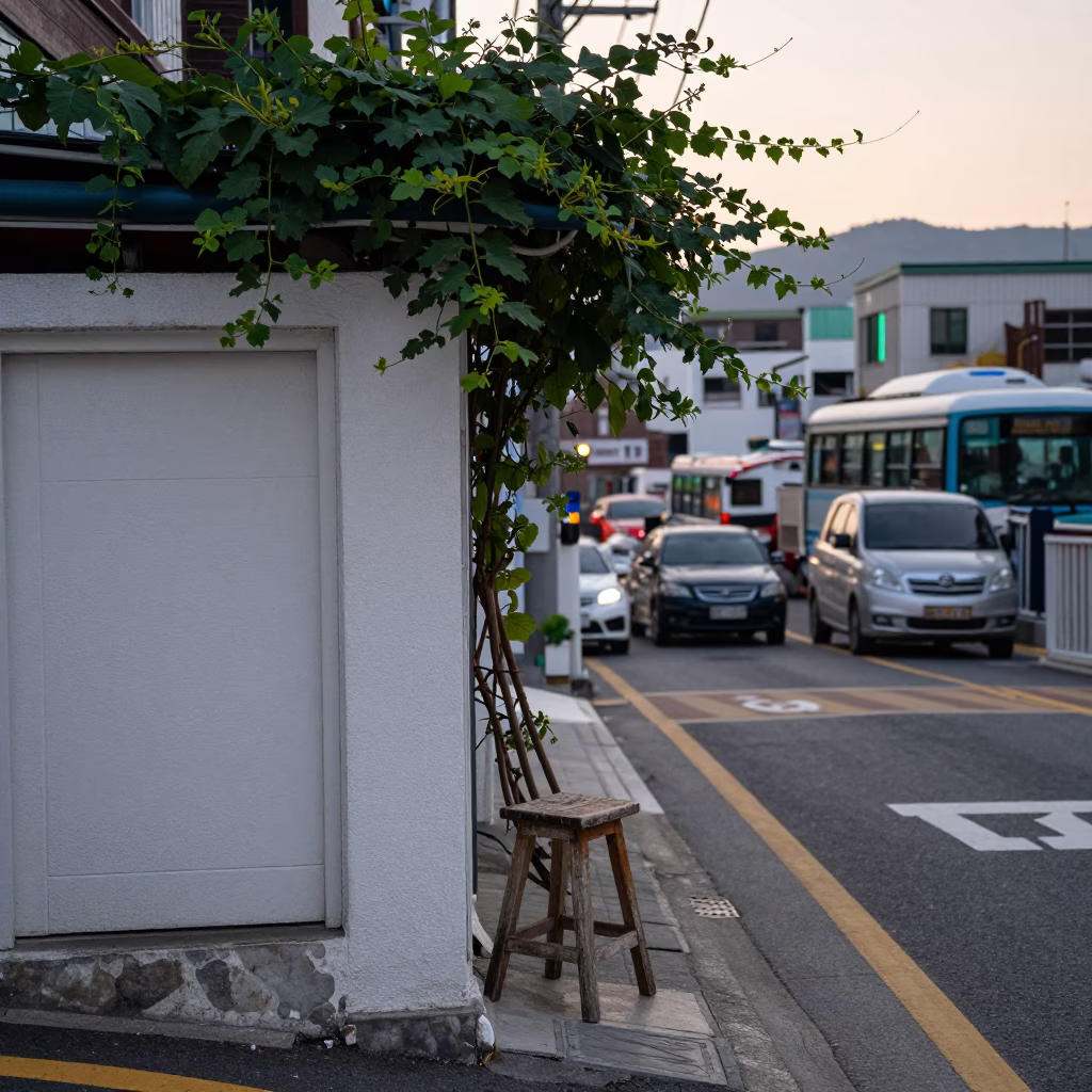 Early Morning Busan Street Scene with Vine and Work Stool Before Dawn in in Busan, South Korea