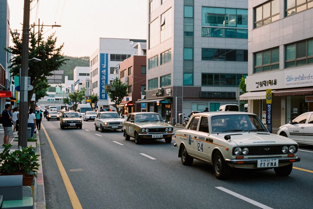 Early Morning Busan Street Scene with Vintage Car Rally and Monorail in in Busan, South Korea