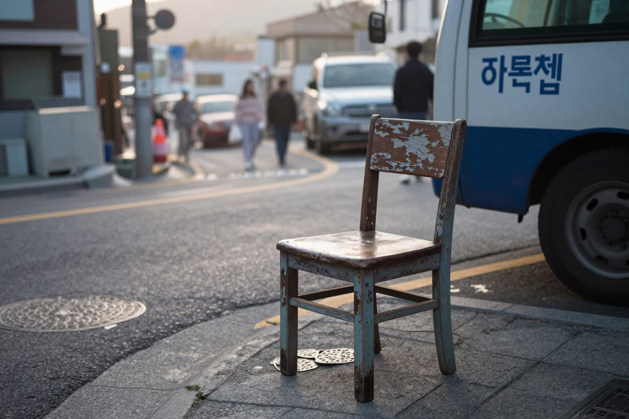 Early Morning Busan Street Scene with Vintage Chair and Hand Towels in in Busan, South Korea