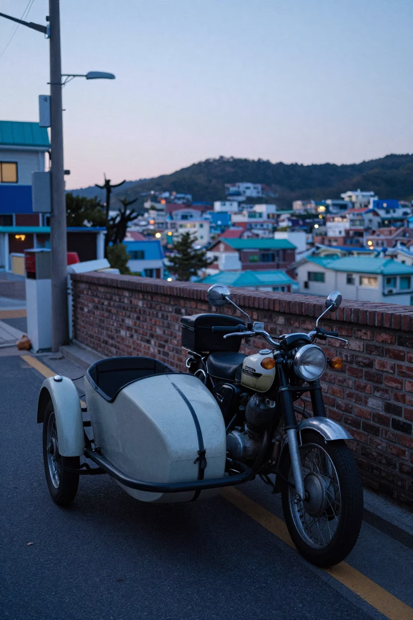 Early Morning Busan Street Scene with Vintage Motorcycle and Sidecar Before Sunrise in in Busan, South Korea
