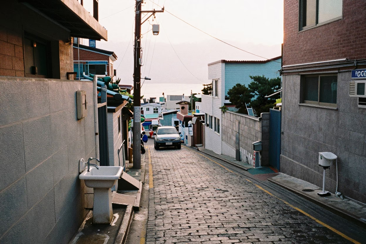 Early Morning Busan Street Scene with Wash Basin and Local Commerce in in Busan, South Korea