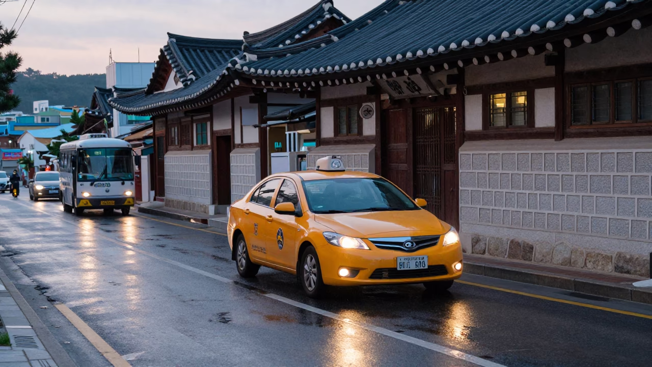 Early Morning Busan Street Scene with Yellow Taxi and Traditional Korean Architecture in in Busan, South Korea