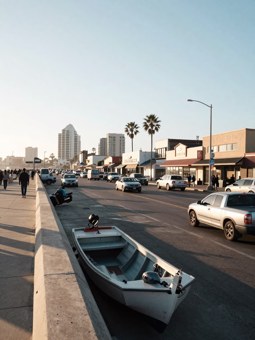 Early Morning Busy Street Scene in San Diego California with Local Commerce and Activity in in San Diego, California, United States
