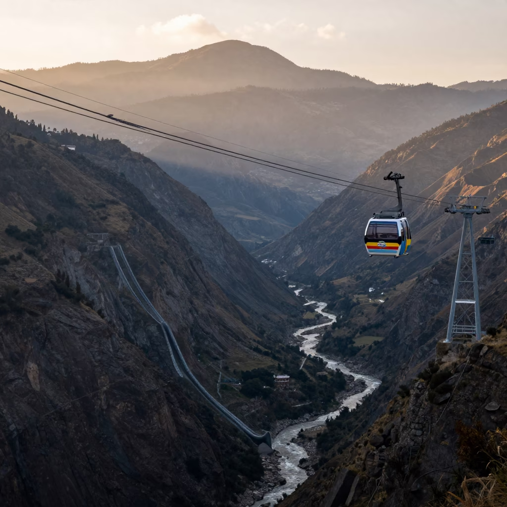 Early Morning Cable Car Crossing Quito Valley with Mountain Flank and Penstock View in in Quito, Ecuador