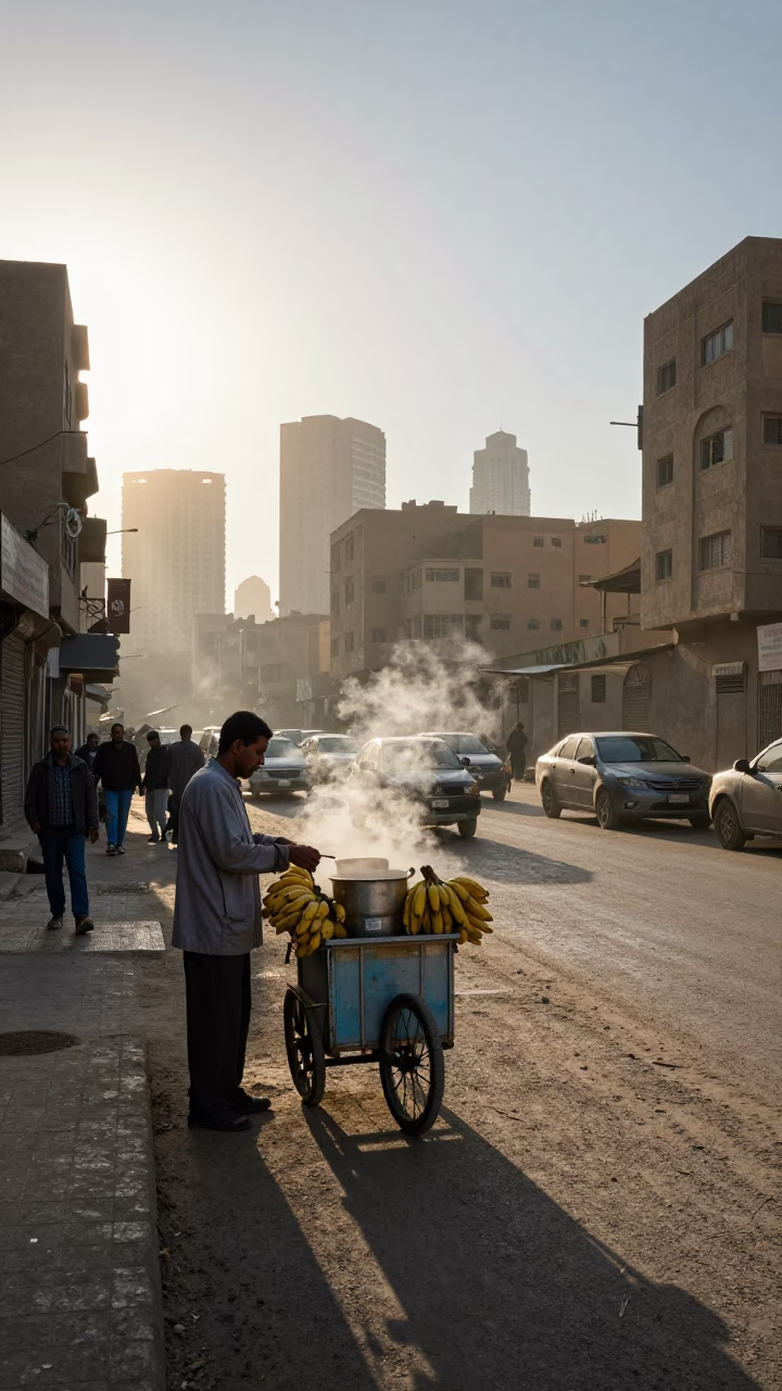 Early Morning Cairo Street Scene with Banana Vendor and Local Market Activity in in Cairo, Egypt