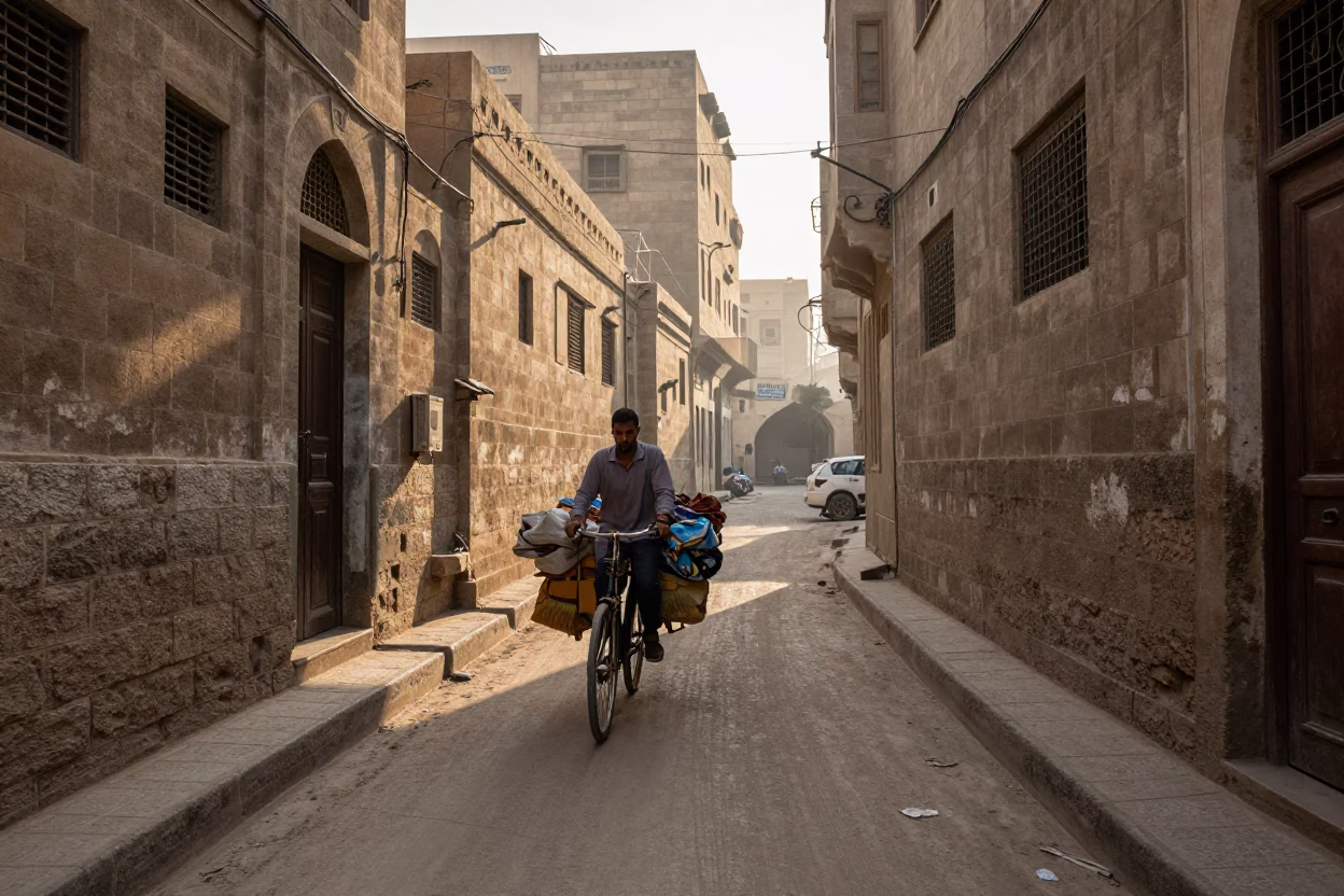 Early Morning Cairo Street Scene with Bicycle and Brushed Steel Bottle in in Cairo, Egypt
