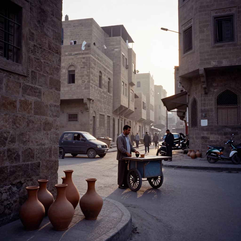 Early Morning Cairo Street Scene with Clay Pots and Traditional Tea Kettles in in Cairo, Egypt