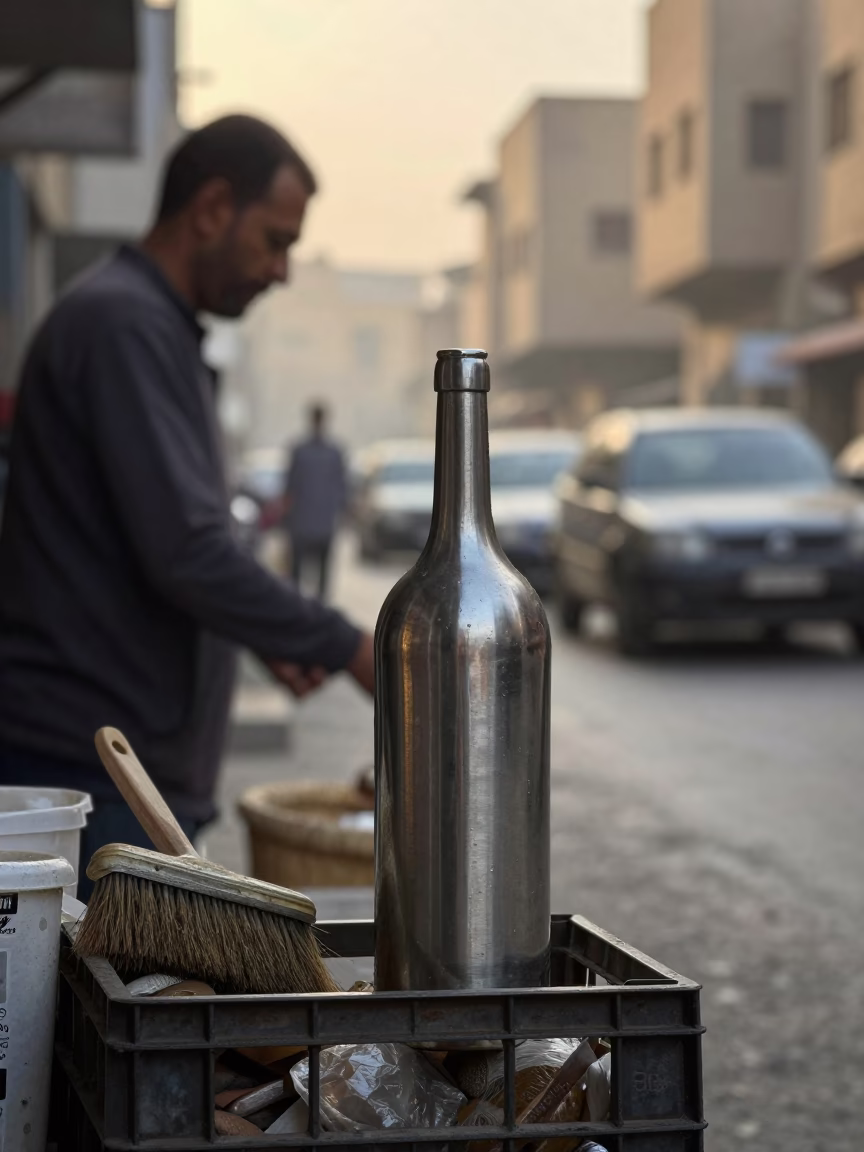 Early Morning Cairo Street Scene with Crate and Brushed Steel Bottle Neck in in Cairo, Egypt