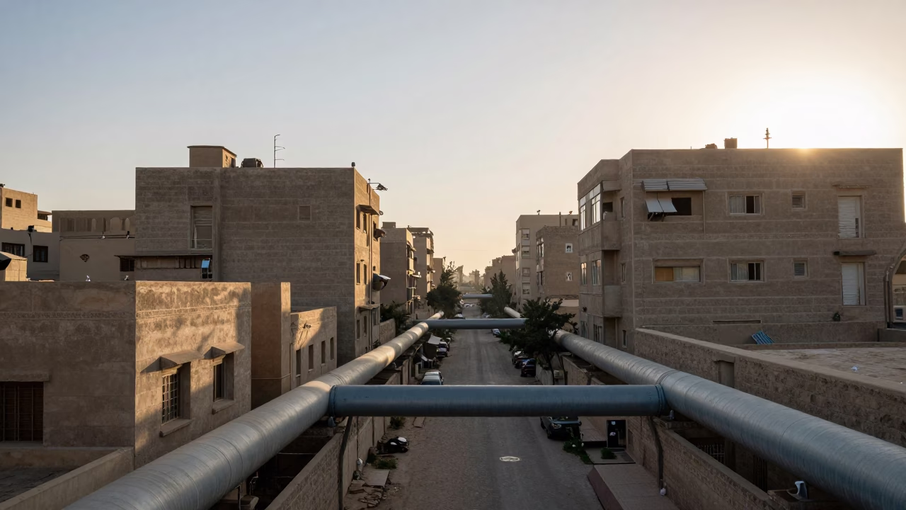 Early Morning Cairo Street Scene with District Heating Pipes and Local Life in in Cairo, Egypt