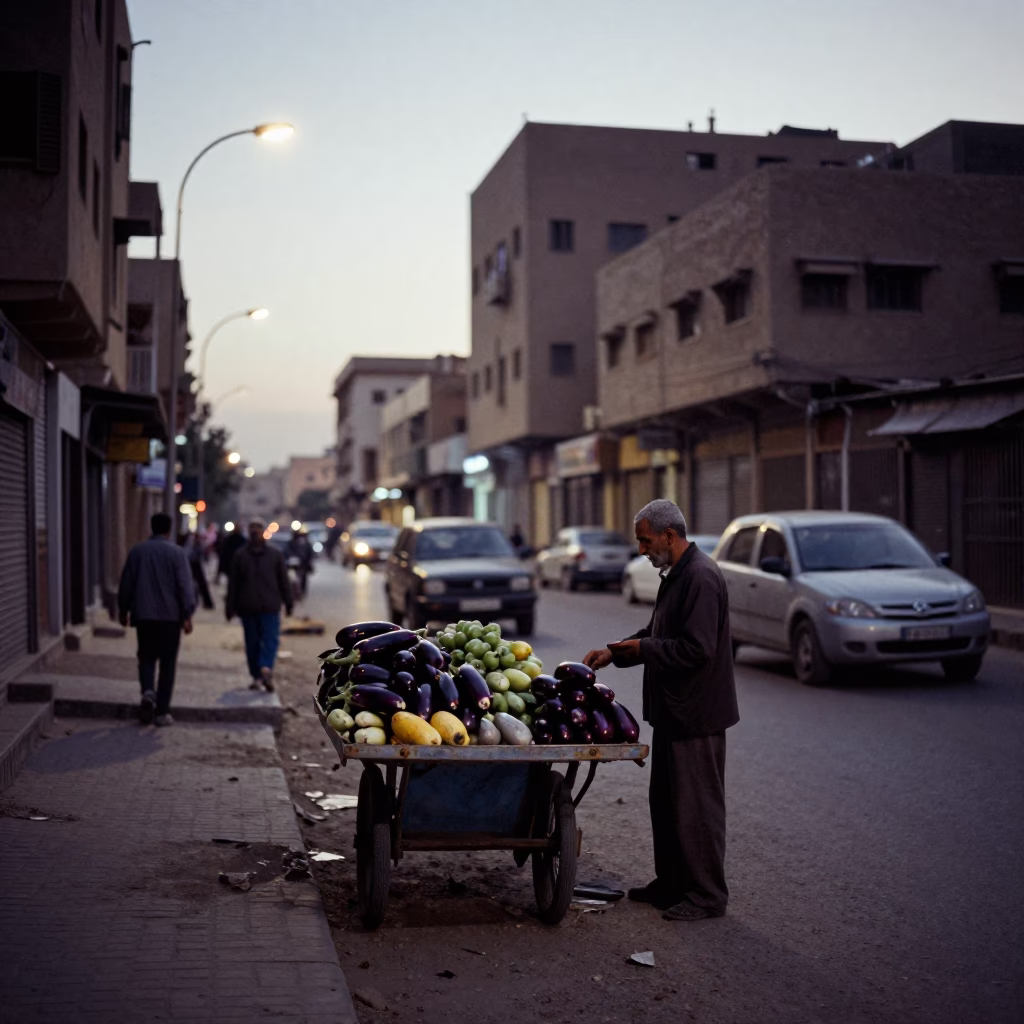 Early Morning Cairo Street Scene with Eggplants and Local Vendor Before Dawn in in Cairo, Egypt