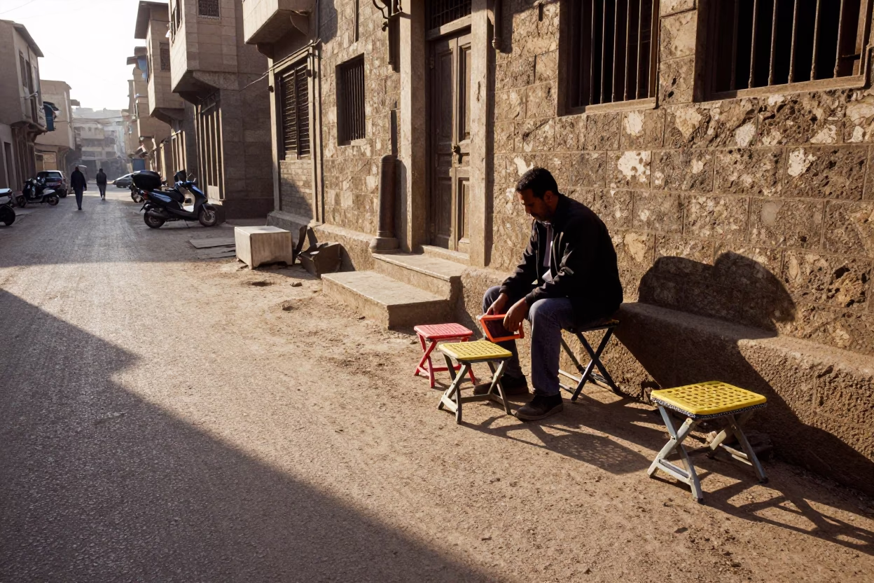 Early Morning Cairo Street Scene with Folding Stools and Local Commerce in in Cairo, Egypt