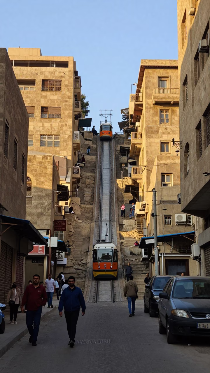 Early Morning Cairo Street Scene with Funicular and Local Daily Life in in Cairo, Egypt
