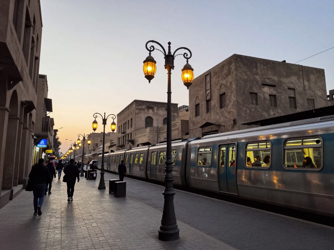 Early Morning Cairo Street Scene with Lanterns and Metro Train in in Cairo, Egypt