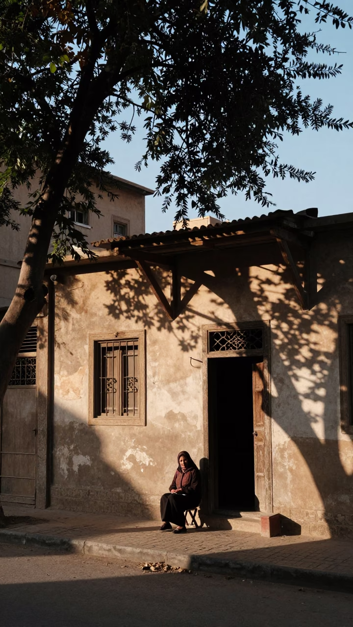 Early Morning Cairo Street Scene with Leaf Shadows and Local Breakfast in in Cairo, Egypt