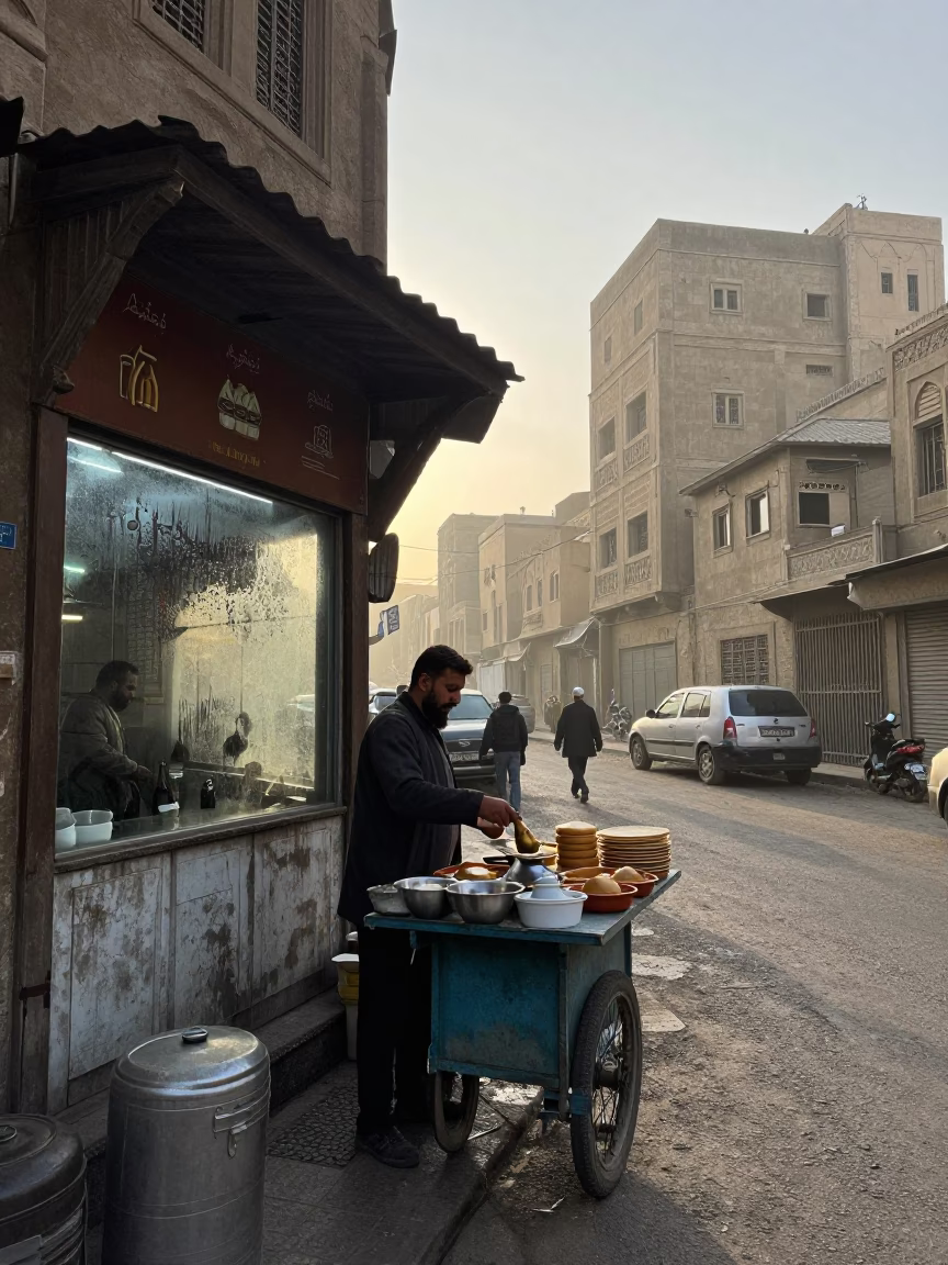 Early Morning Cairo Street Scene with Local Vendor and Traditional Breakfast Elements in in Cairo, Egypt