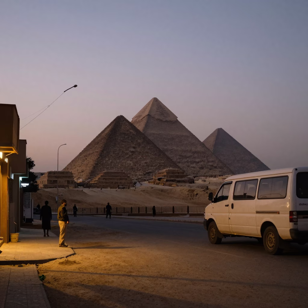 Early Morning Cairo Street Scene with Looming Pyramids and Local Commerce in in Cairo, Egypt