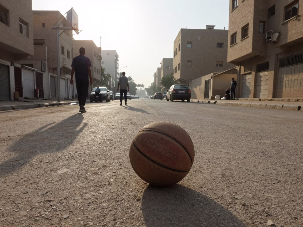 Early Morning Cairo Street Scene with Old Leather Basketball and Urban Life in in Cairo, Egypt