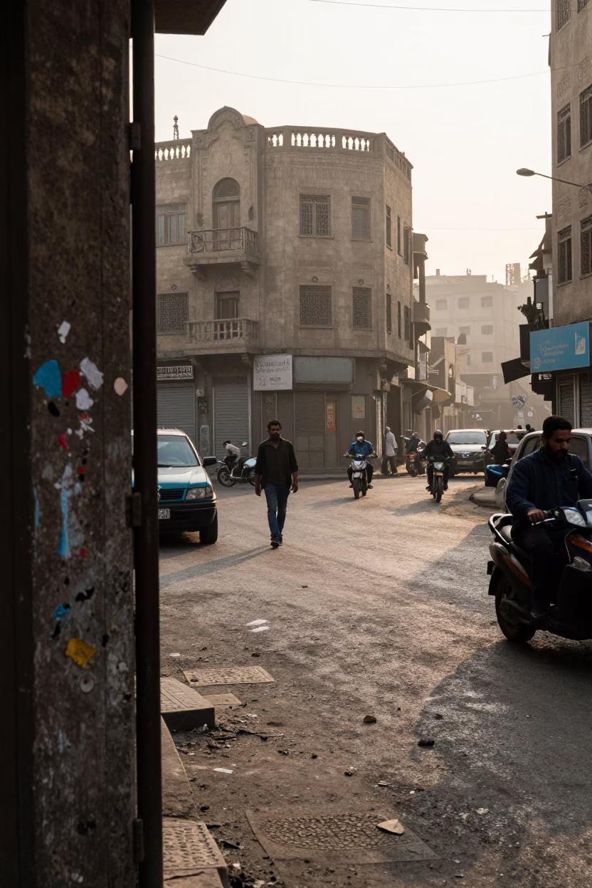 Early Morning Cairo Street Scene with Paint Flecks and Local Commerce in in Cairo, Egypt