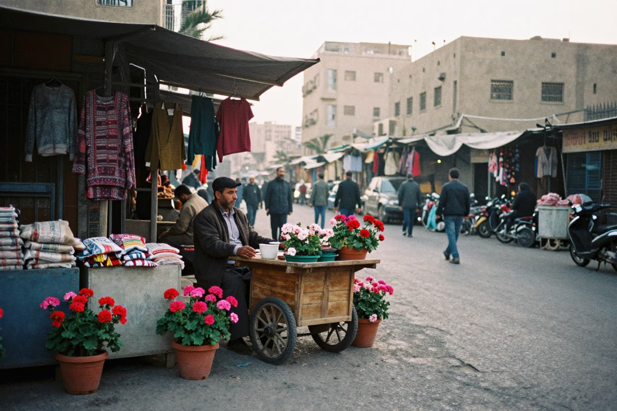 Early Morning Cairo Street Scene with Potted Geraniums and Local Vendor in in Cairo, Egypt