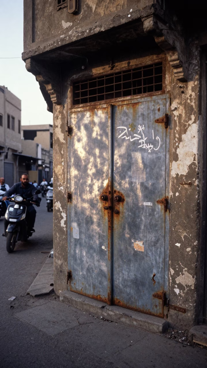 Early Morning Cairo Street Scene with Rusty Metal Door and Peg Rail Details in in Cairo, Egypt