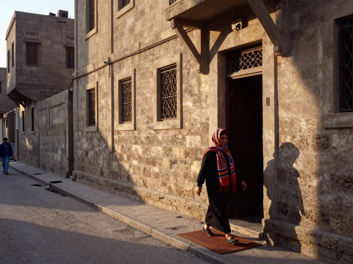 Early Morning Cairo Street Scene with Scarf and Doormat in 1980s Egypt in in Cairo, Egypt