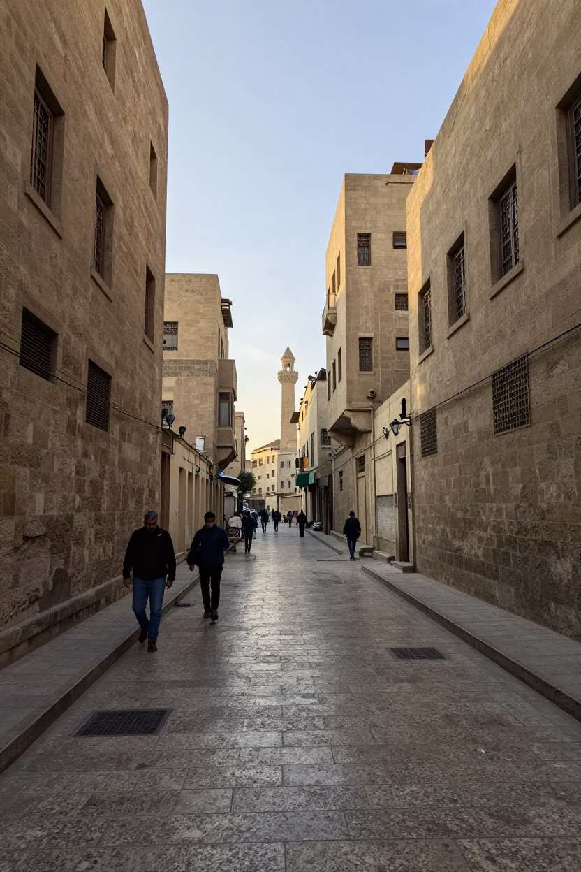 Early Morning Cairo Street Scene with Stone Architecture and Local Vendor in in Cairo, Egypt