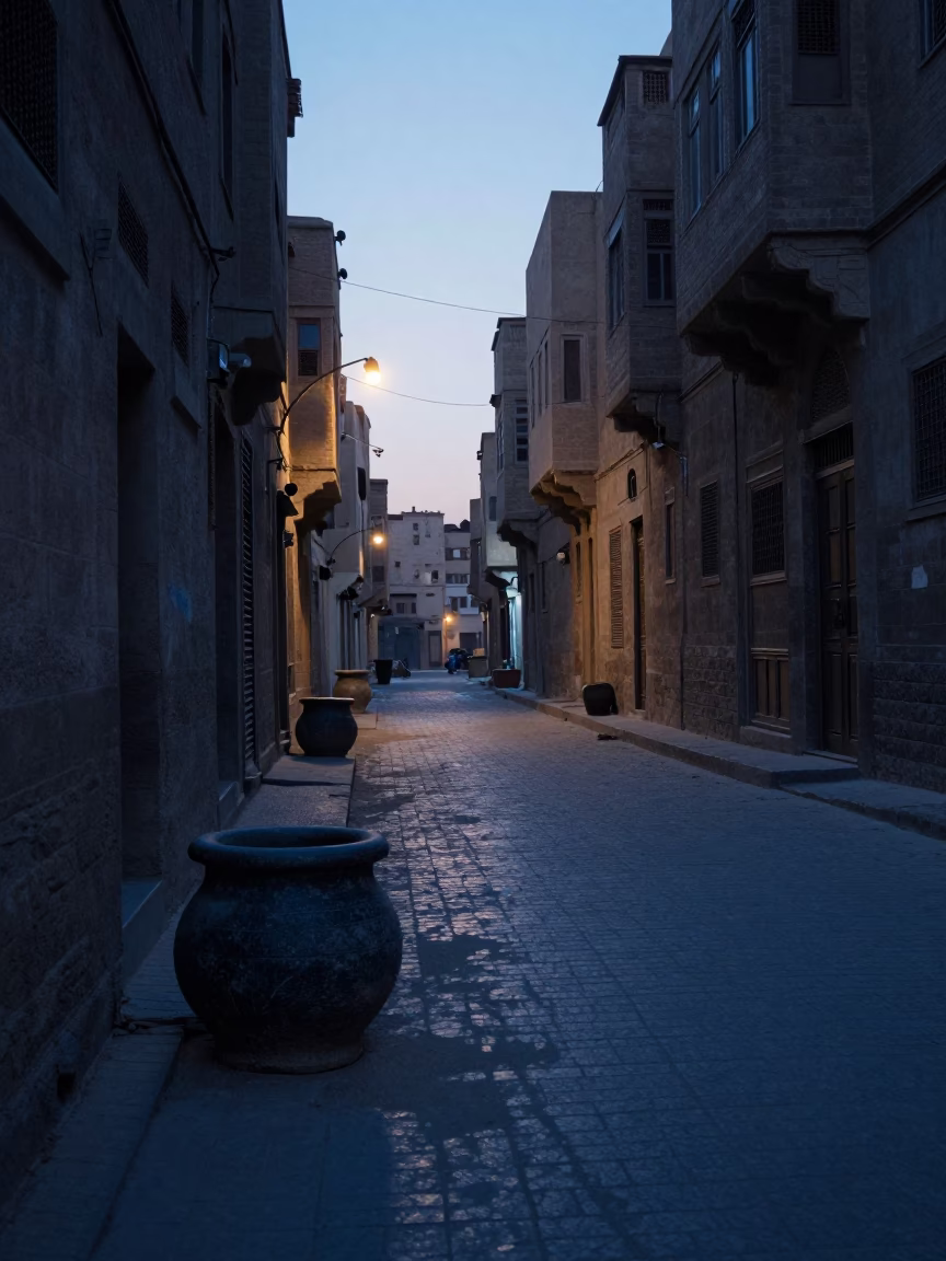 Early Morning Cairo Street Scene with Stone Pot and Rake Before Sunrise in in Cairo, Egypt