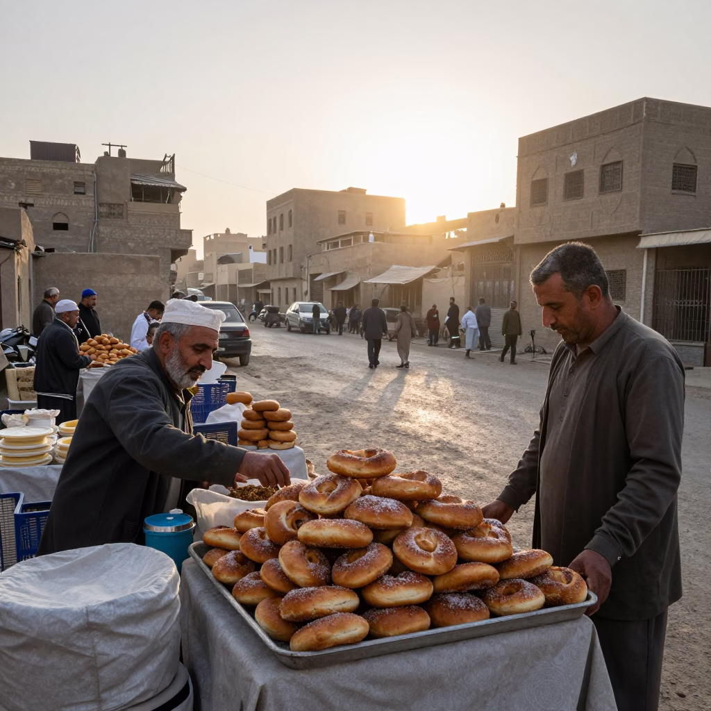 Early Morning Cairo Street Scene with Traditional Bread and Local Market Activity in in Cairo, Egypt