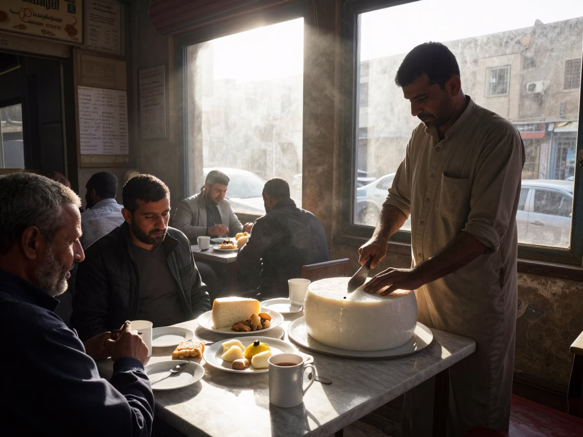 Early Morning Cairo Street Scene with Traditional Breakfast and Blue Porcelain in in Cairo, Egypt