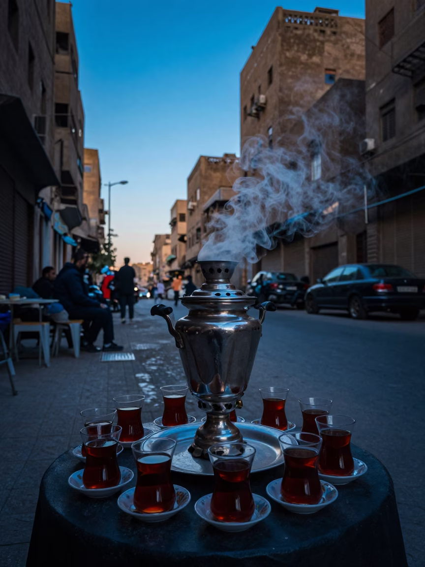 Early Morning Cairo Street Scene with Traditional Tea Service and Urban Architecture in in Cairo, Egypt