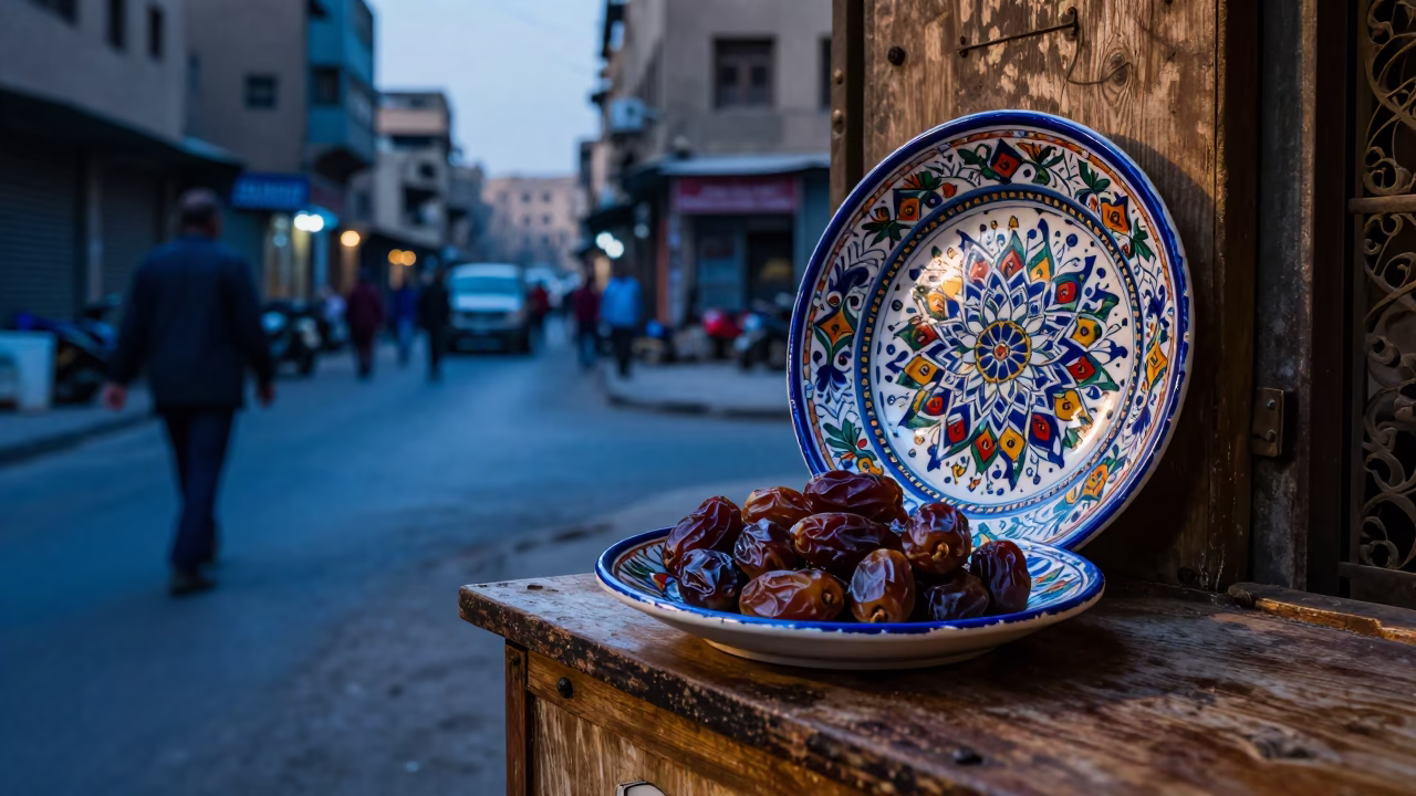 Early Morning Cairo Street Scene with Vintage Majolica Plate and Signal Gantry in in Cairo, Egypt