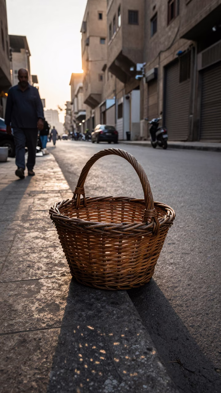 Early Morning Cairo Street Scene with Wicker Basket and Watering Jug in in Cairo, Egypt