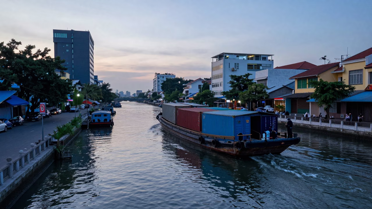 Early Morning Canal Barge and Urban Street Life in Ho Chi Minh City Vietnam in in Ho Chi Minh City, Vietnam