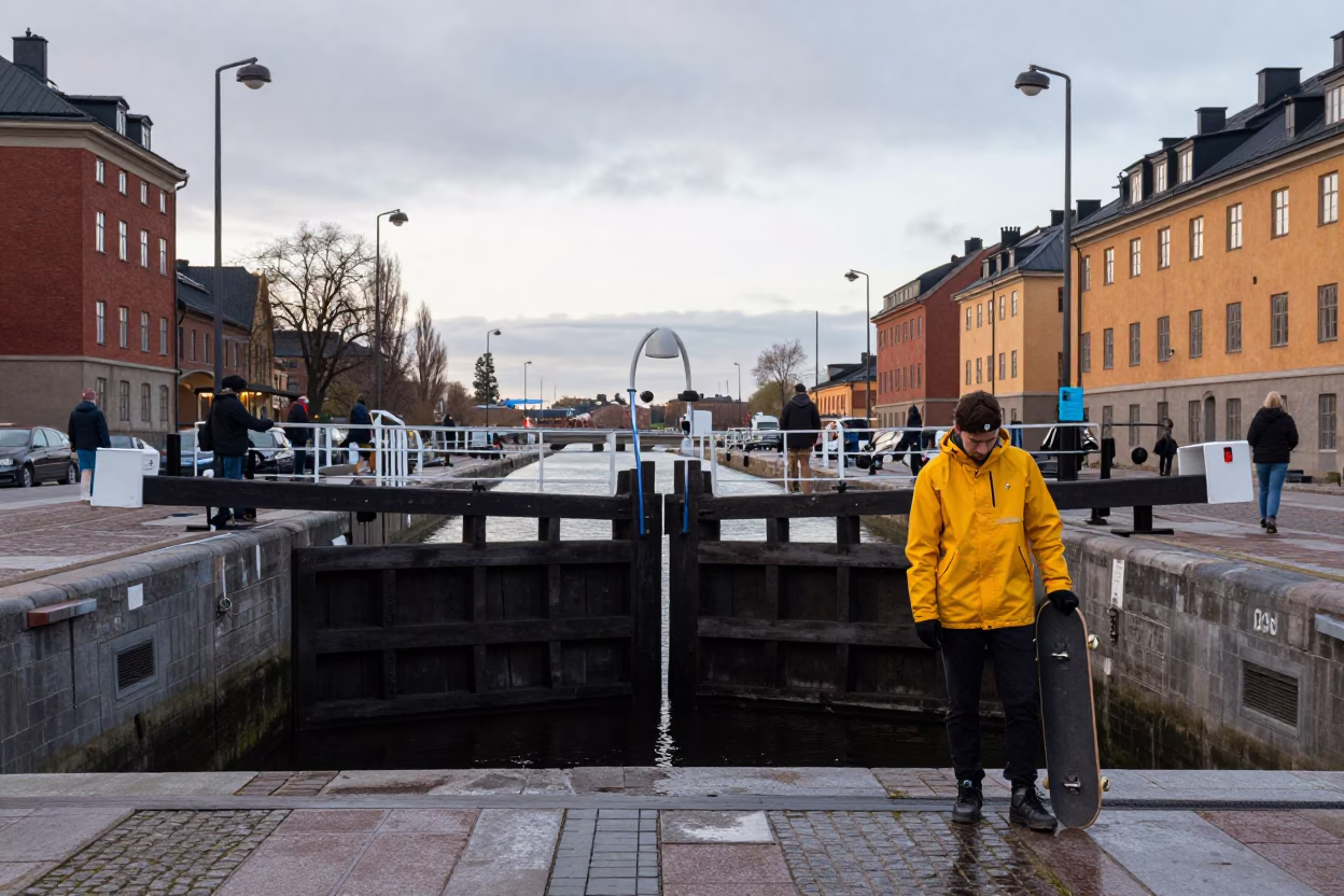 Early Morning Canal Lock Activity in Stockholm Sweden with Skateboard and Wooden Gates in in Stockholm, Sweden