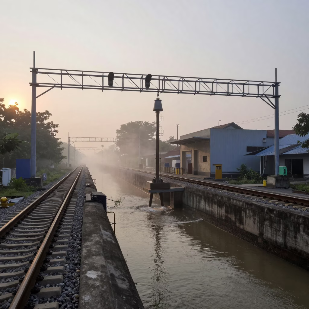 Early Morning Canal Pumping Station in Surabaya Indonesia with Misty Rail Gantry in in Surabaya, Indonesia