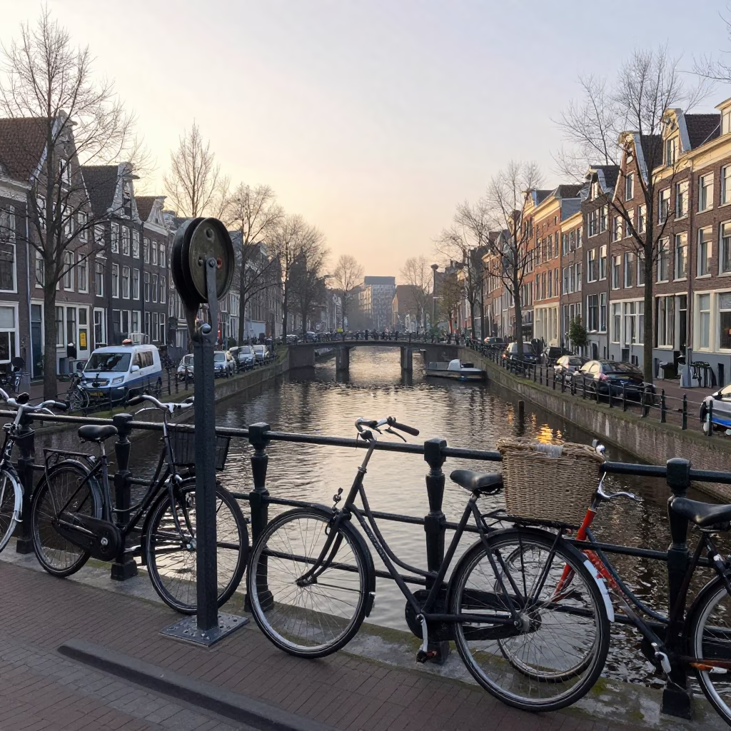 Early Morning Canal Scene in Amsterdam Netherlands with Bicycle and Wicker Shadow in in Amsterdam, Netherlands