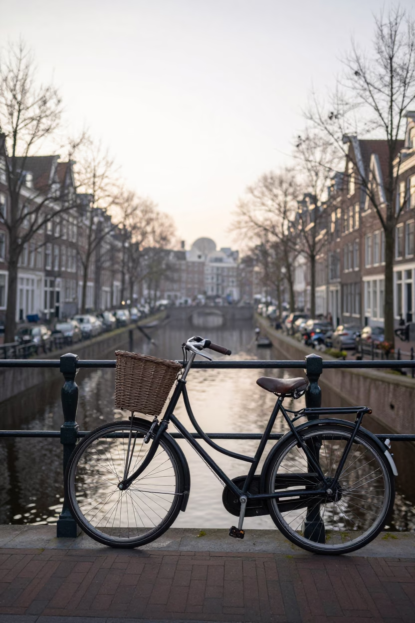 Early Morning Canal Scene in Amsterdam Netherlands with Vintage Bicycle and Cobblestone Street in in Amsterdam, Netherlands