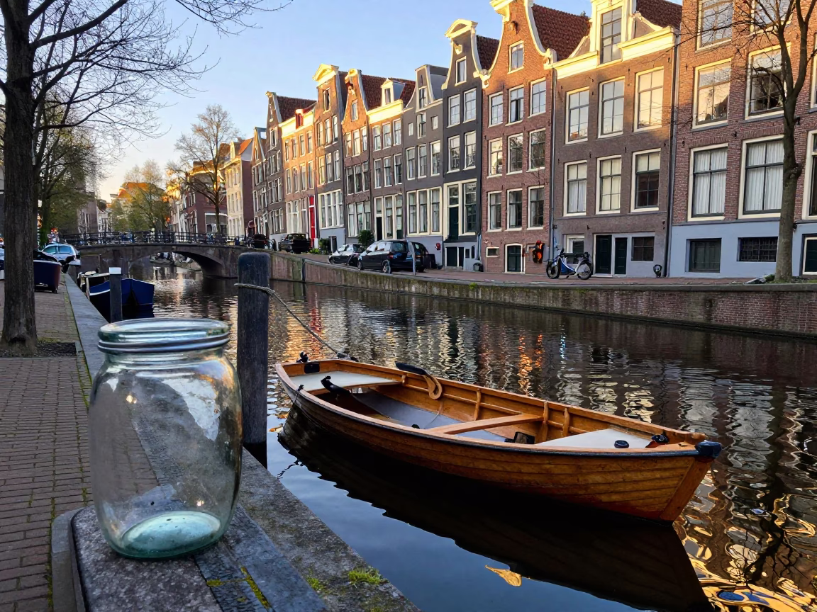 Early Morning Canal Scene in Amsterdam with Glass Jar and Linen Curtains in in Amsterdam, Netherlands