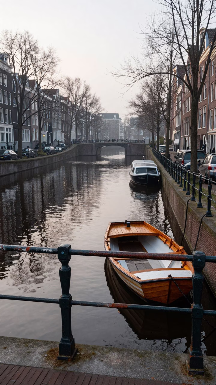 Early Morning Canal Scene in Amsterdam with Rusty Railings and Flower Boxes in in Amsterdam, Netherlands