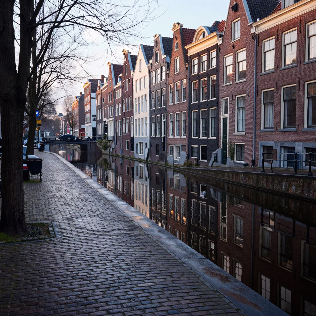 Early Morning Canal Side Street in Amsterdam With Cobblestones And Brick Buildings in in Amsterdam, Netherlands
