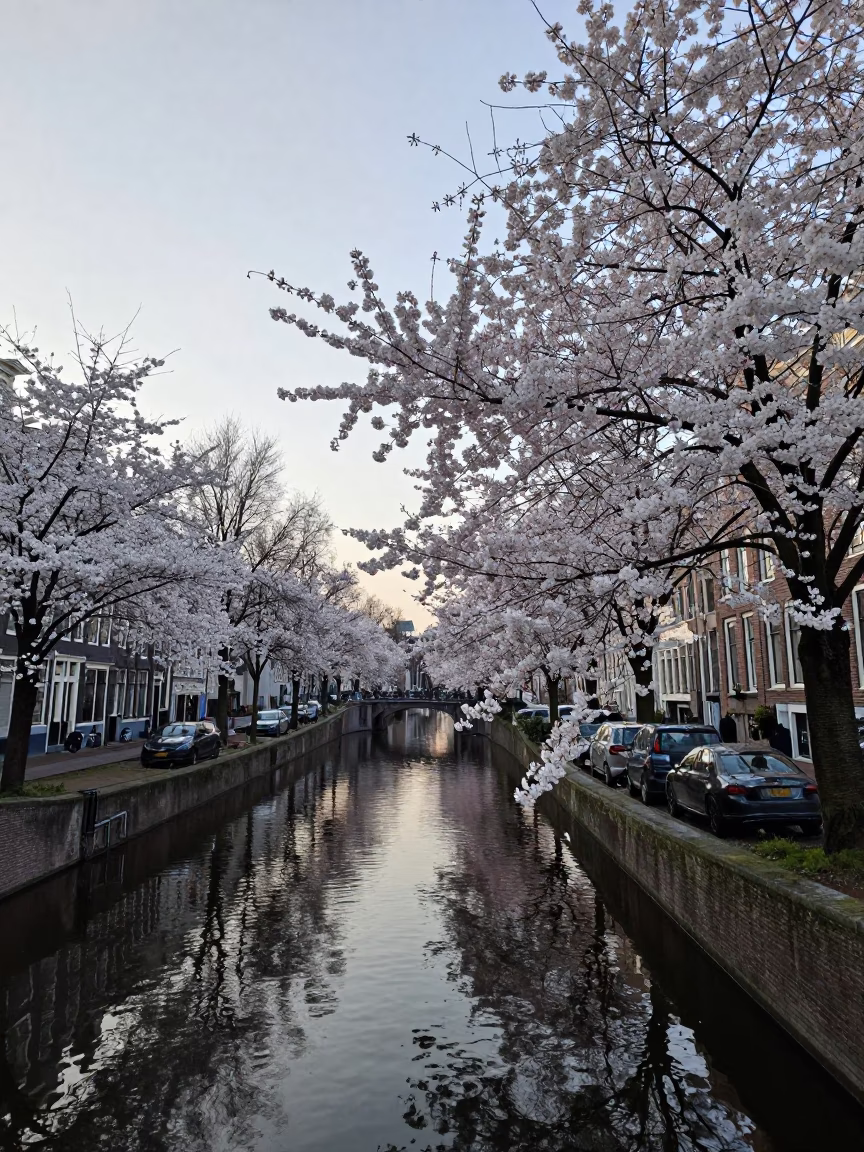 Early Morning Canal View with Cherry Blossoms in Amsterdam Netherlands in in Amsterdam, Netherlands