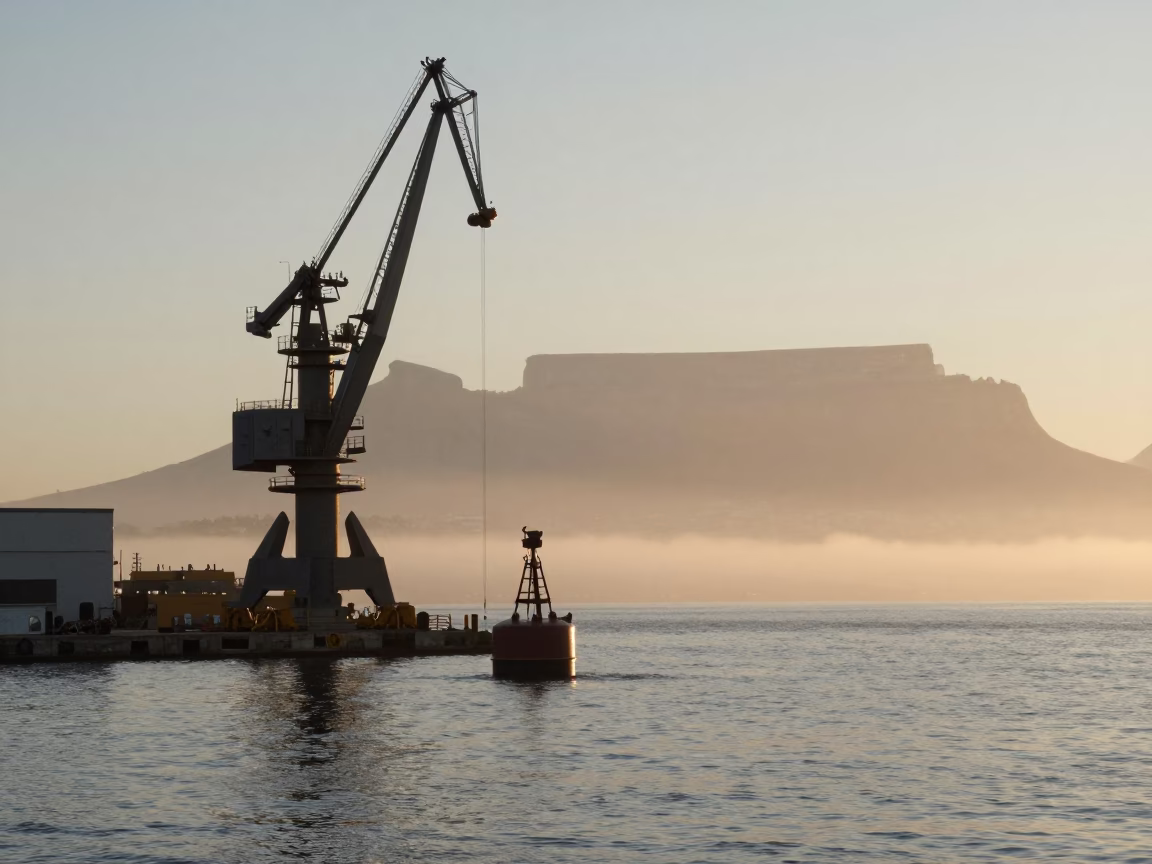 Early Morning Cape Town Harbor Scene with Hydrophone Buoy Being Craned Over Still Water in in Cape Town, South Africa