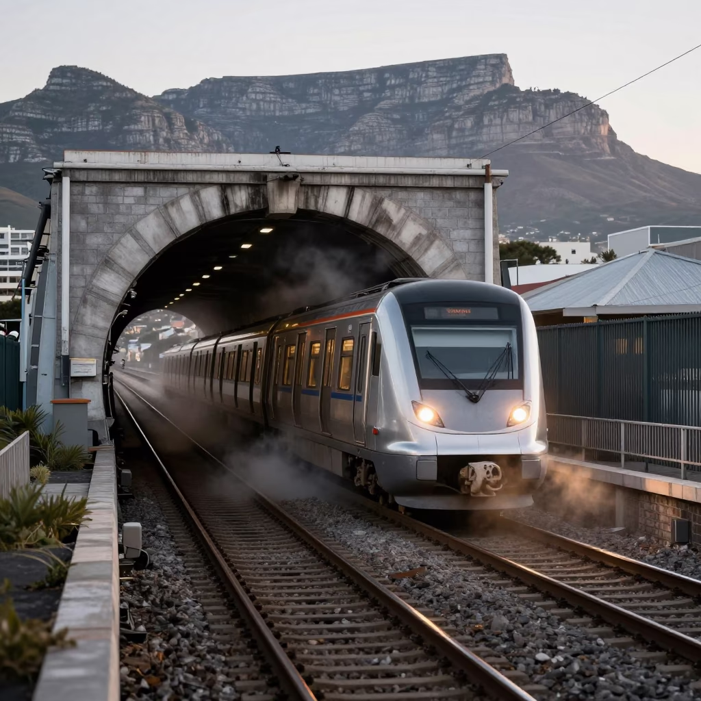 Early Morning Cape Town Metro Train Emerging from Tunnel into Sunlight in in Cape Town, South Africa