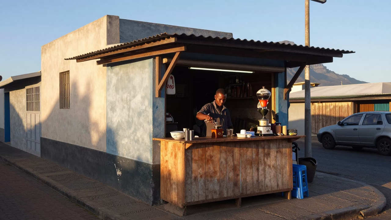 Early Morning Cape Town Street Scene with Coffee Grinder and Bottle Opener in in Cape Town, South Africa