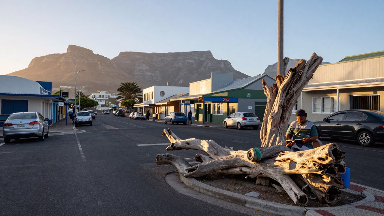 Early Morning Cape Town Street Scene with Driftwood and Local Market Activity in in Cape Town, South Africa